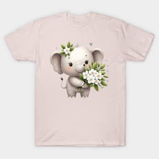 cute  elephant holding a bouquet of white flowers T-Shirt